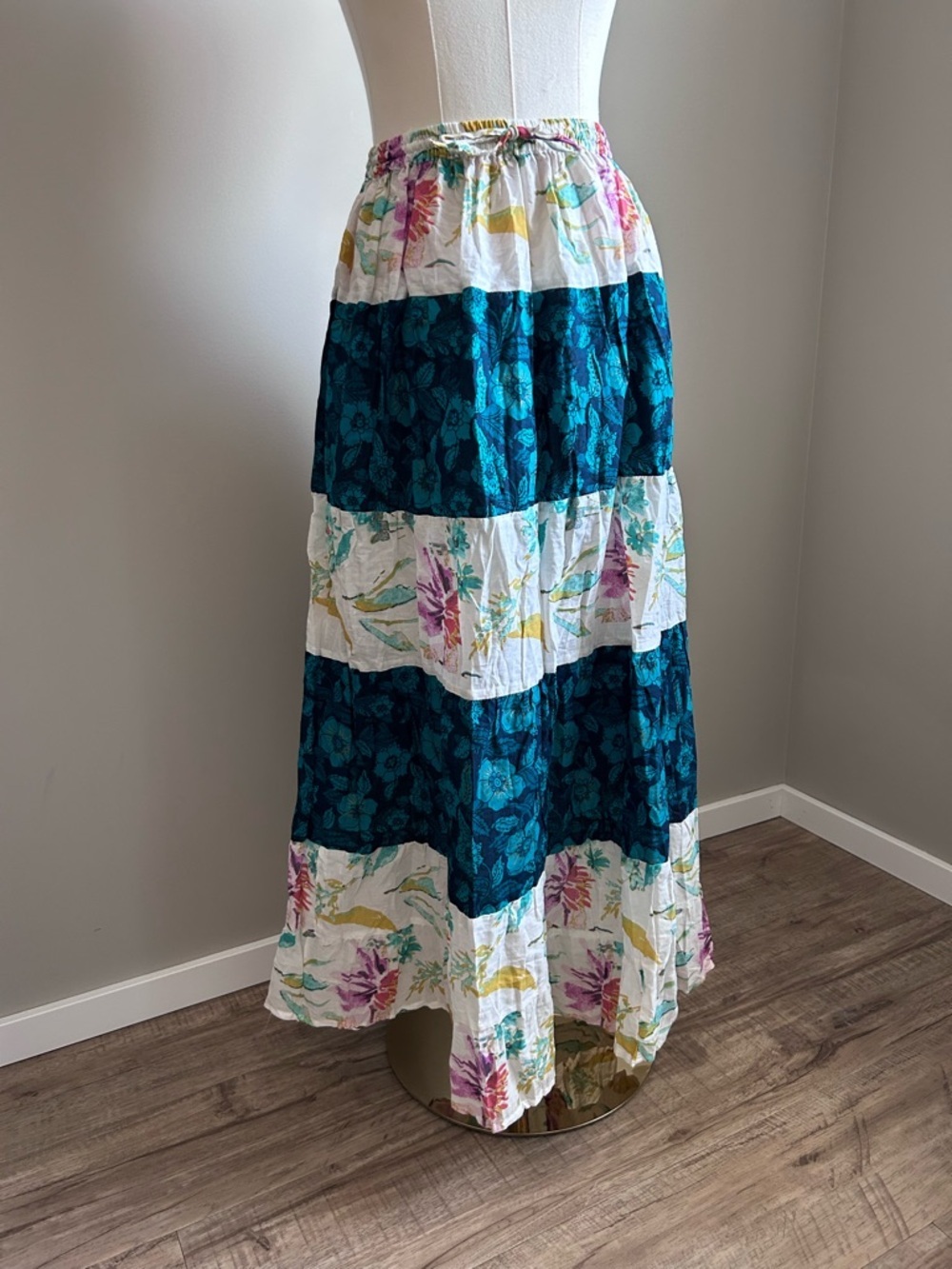 Bohemian Tiered Floral flower hippy Maxi Skirt - Teal & White summer flowy - Picture 6 of 9